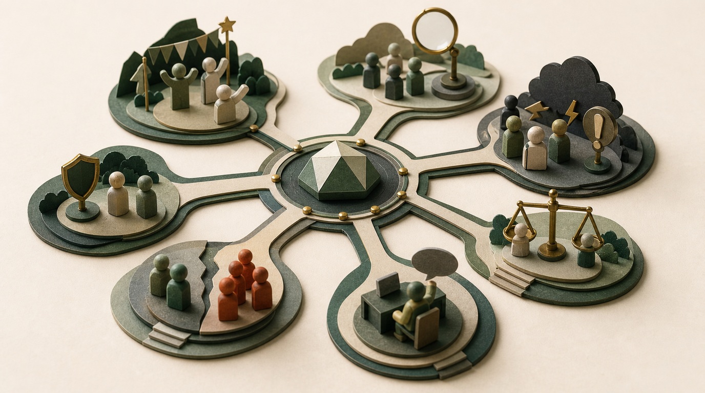Eine handgefertigte Papier-Spielwelt führt sieben Wege um einen geometrischen Markenkörper in eine gemeinsame Arena.