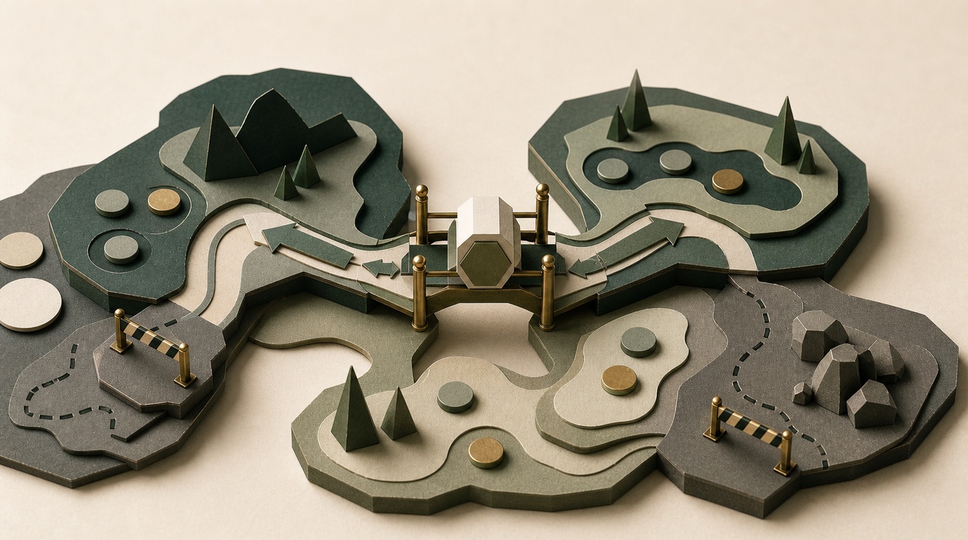 Ein Papier-Spielpfad verwandelt einen geometrischen Markenkörper in eine Brücke zwischen zwei Spielbereichen.