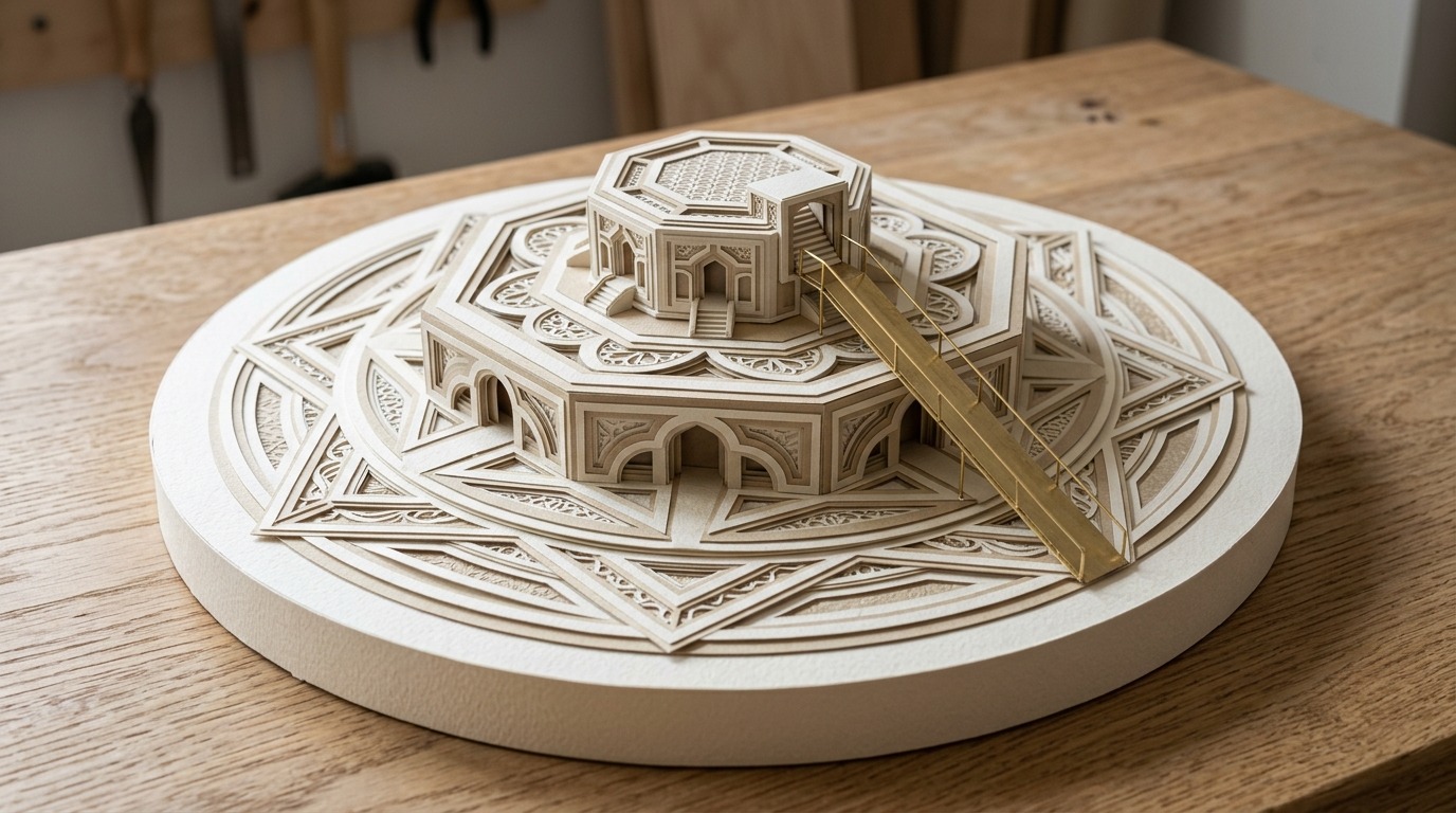 Ein handgefertigtes Papier-Diorama zeigt eine konzentrische Plattform, die den theoretischen Gesamtmarkt von der realisierbaren Vertriebskapazität trennt.