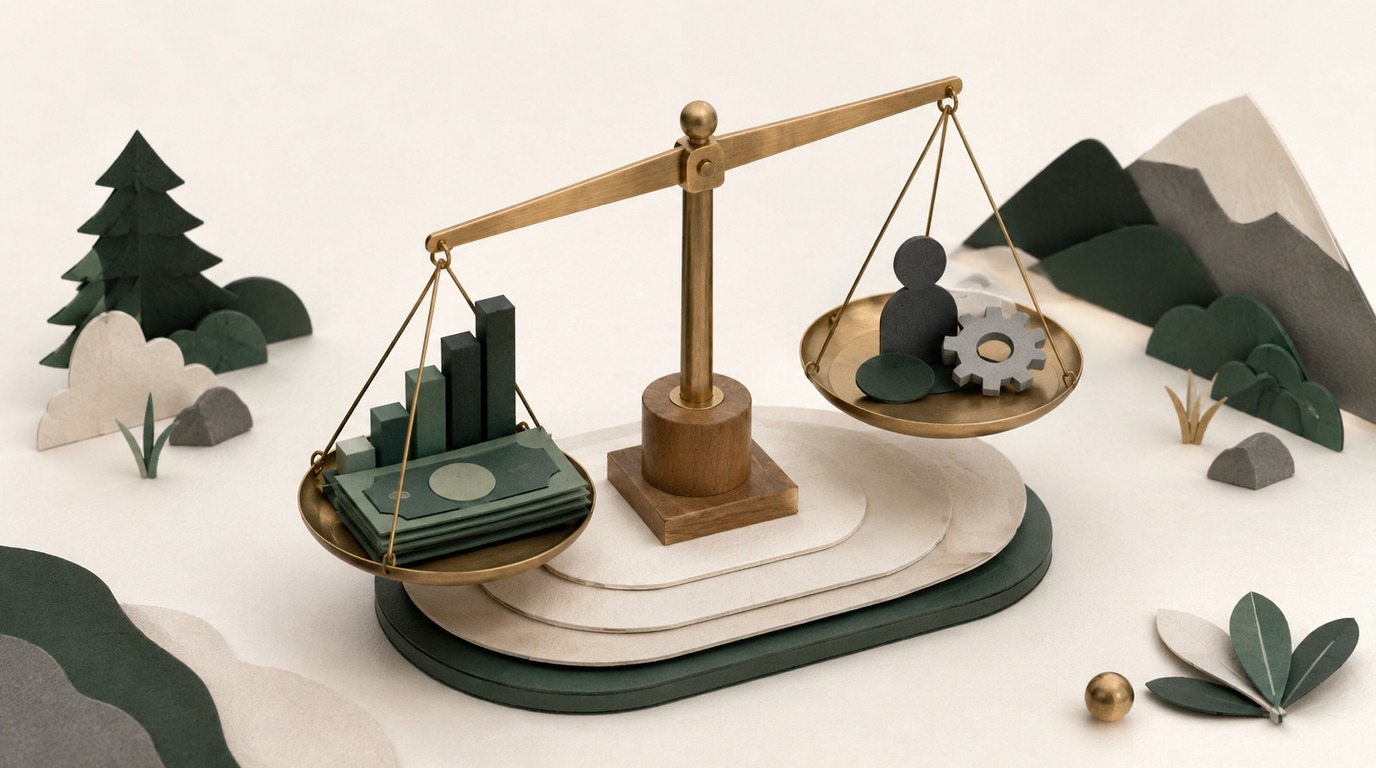 Eine kalibrierte Balkenwaage wiegt direkte Kundenerlöse gegen Betreuungskosten und Akquisitionskapital ab