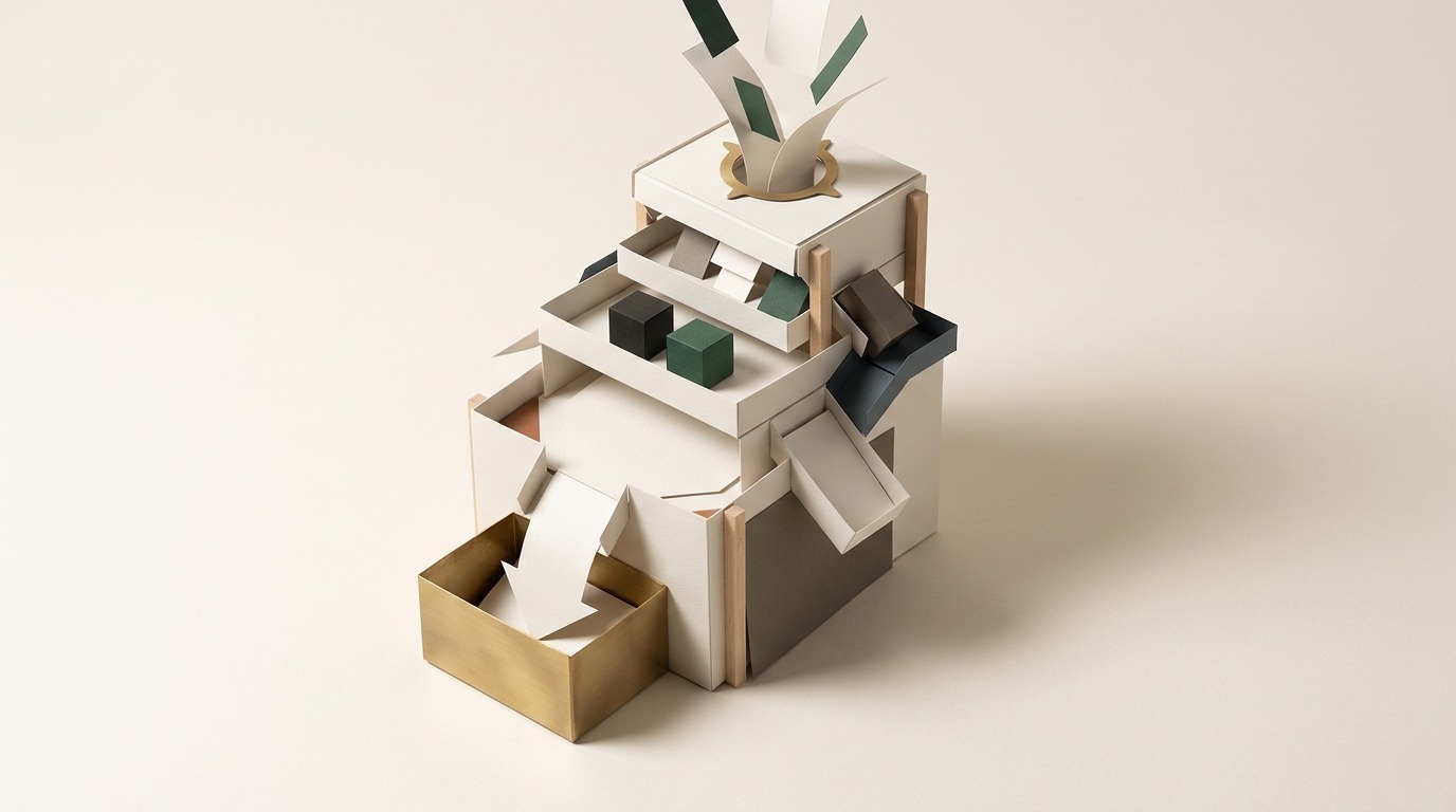 Ein handgefertigtes Papier-Diorama zeigt ein gestuftes Filtersystem, das variable Kostenbestandteile von soliden Deckungsbeitragsblöcken trennt.