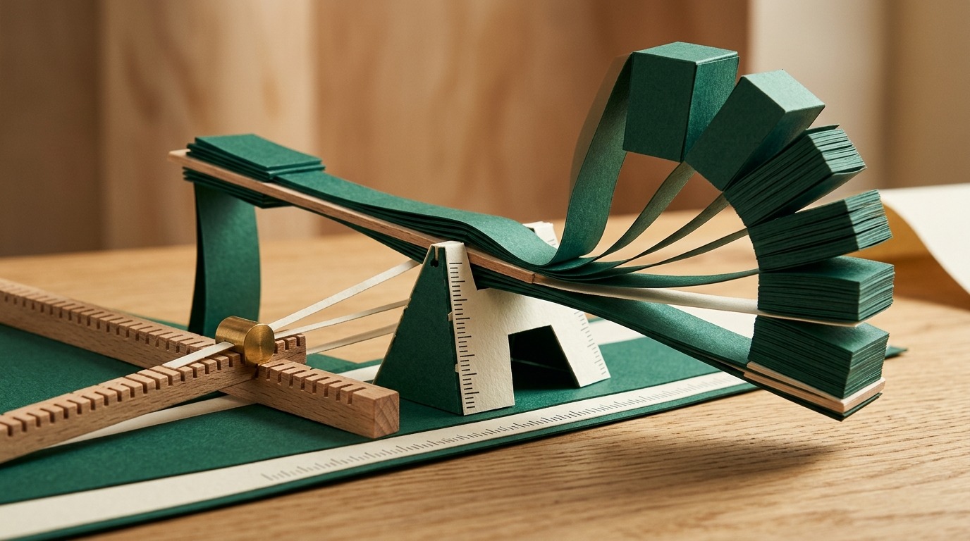 Ein handgefertigtes Papier-Diorama zeigt einen kalibrierten Waagebalken, der die proportionale Mengenreaktion auf Preisverschiebungen darstellt.
