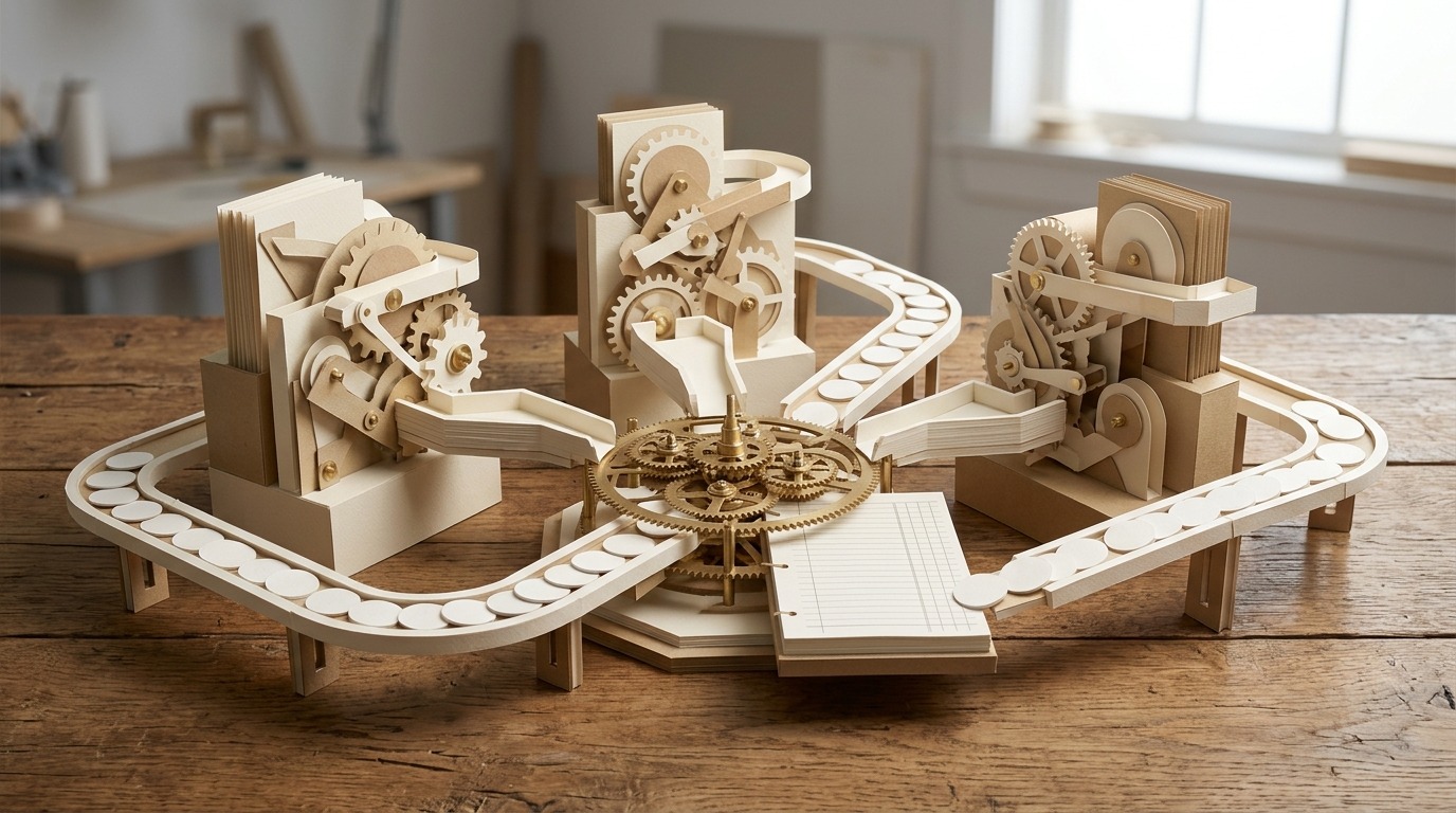 Ein handgefertigtes Papier-Diorama zeigt drei mechanische Papiermodule, die in ein zentrales Planetengetriebe aus Messing und ein unbedrucktes Kassenbuch greifen.
