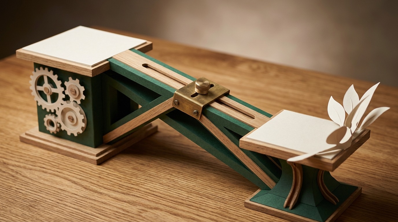 Ein handgefertigtes Papier-Diorama zeigt eine Brücke zur Nutzenaufteilung zwischen Kundenmehrwert und erlöster Herstellermarge.