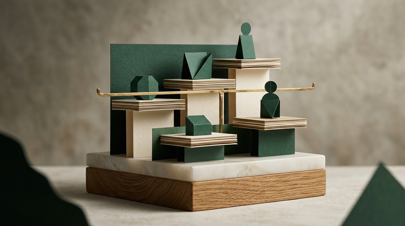 Ein handgefertigtes Papier-Diorama zeigt kalibrierte Stufenpodeste und eine Messleiste aus Messing zur Prüfung von Kundenschwellenwerten.